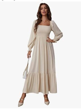 Smocked Square-Neck Cream Maxi Dress with Puff Sleeves